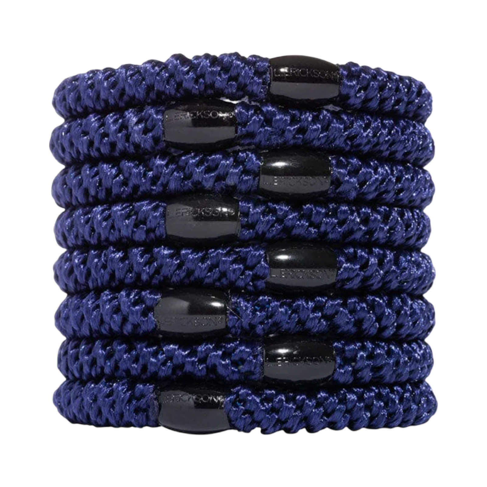 Set of blue hair ties with black ends on a white background
