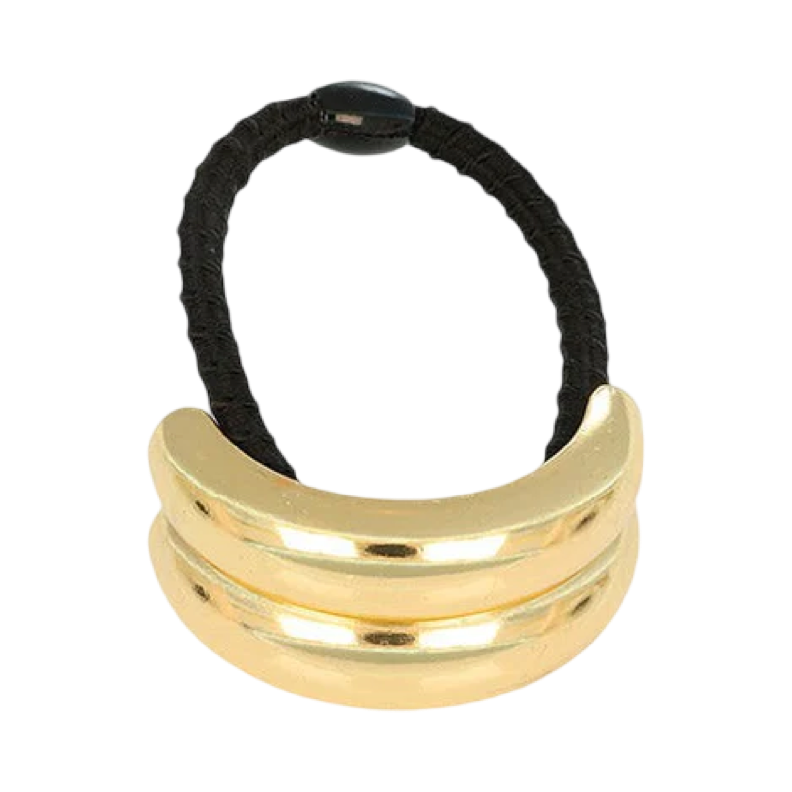 Gold hair tie with three stacked loops on a white background