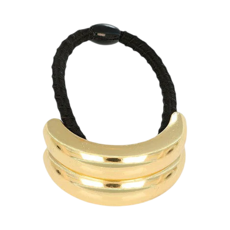 Gold hair tie with three stacked loops on a white background