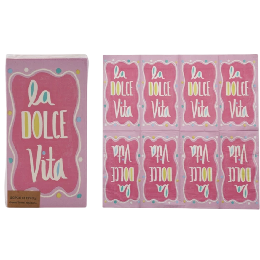 Packaging of 'La Dolce Vita' with pink and white design on a white background
