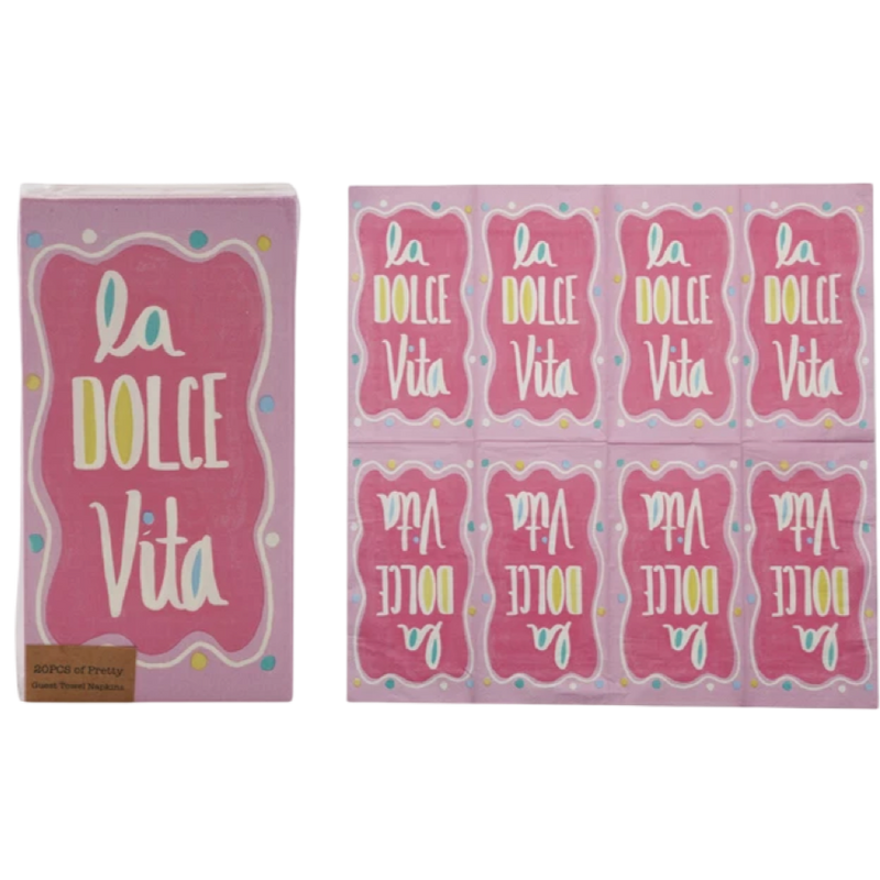Packaging of 'La Dolce Vita' with pink and white design on a white background