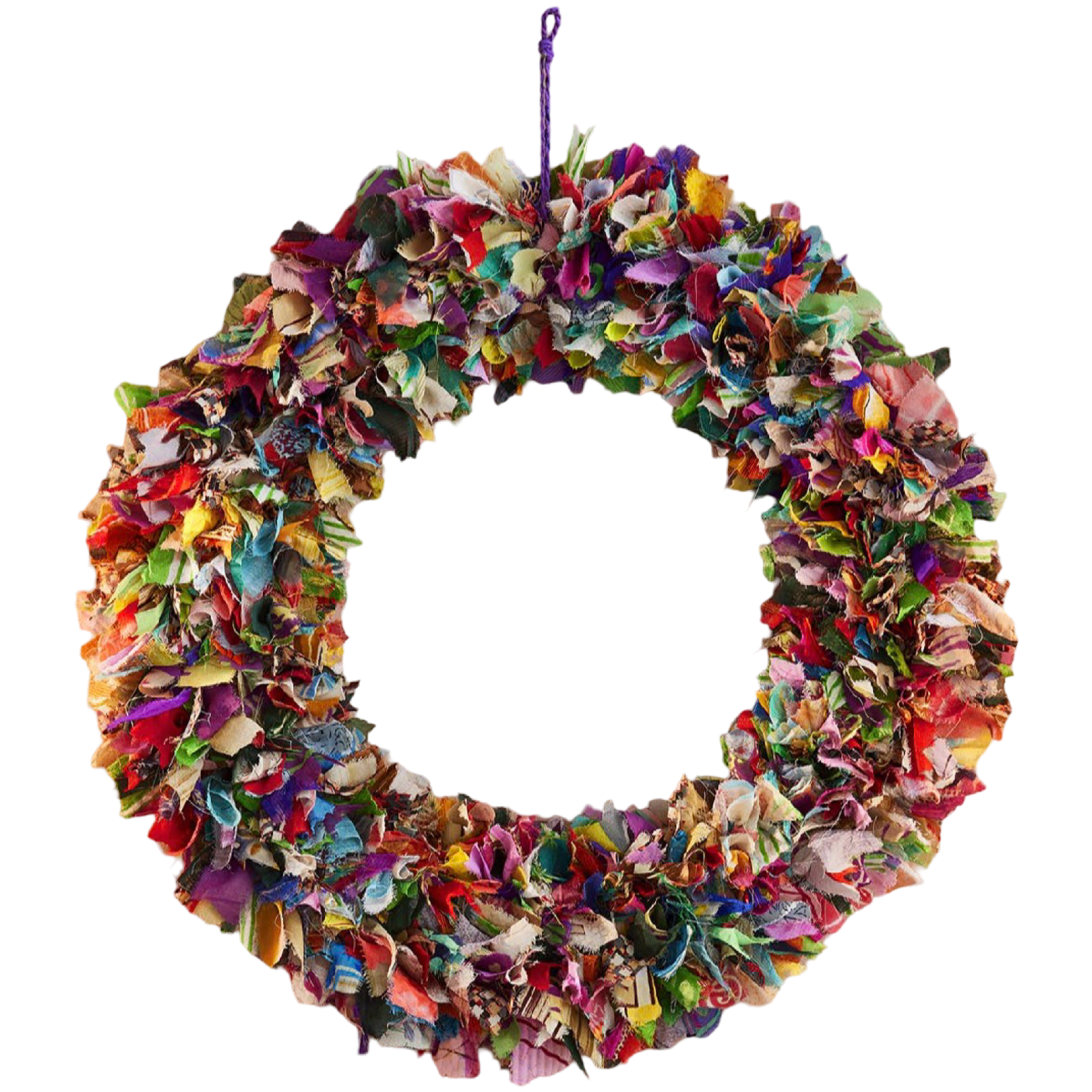 Large multicolor recycled sari fabric wreath handmade in India from colorful reclaimed textile remnants.