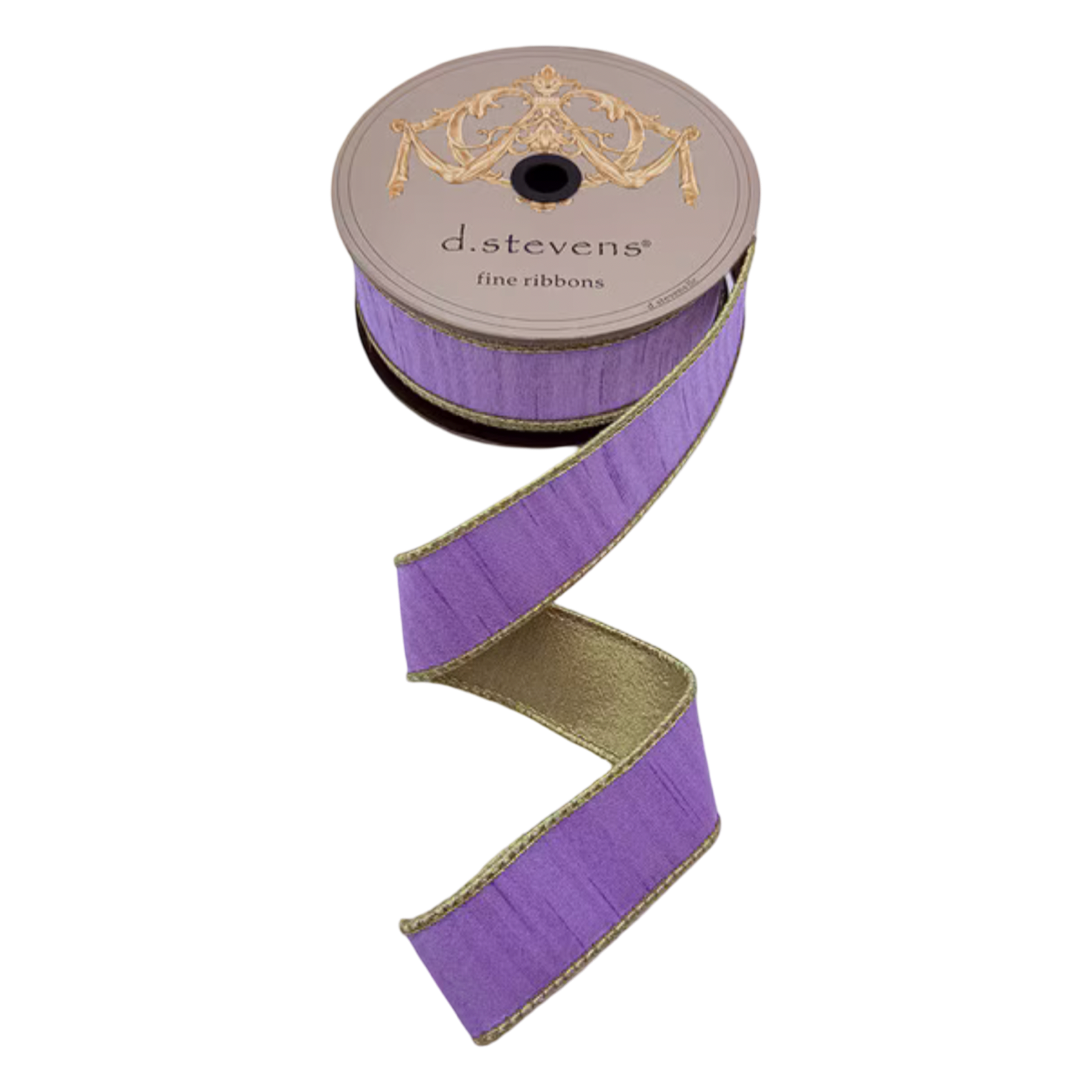 Lavender slub dupioni ribbon with metallic gold backing and gold edging, 1.5 inches wide, shown unrolled from a 10-yard spool for bows, wreaths, ornaments, and gift wrapping.