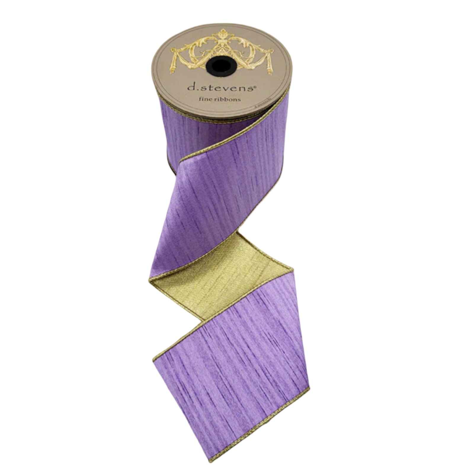 Lavender slub dupioni ribbon with metallic gold backing and gold edging, 4 inches wide, shown cascading from a 10-yard spool.
