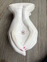 Lefton hand vase, vintage hand vase, porcelain hand planter, vintage Japan porcelain, pink rose vase, floral vase, grandmillennial decor, cottagecore decor, vanity decor, jewelry catchall, vintage planter, decorative vase, feminine home decor, collectible Lefton, vintage home accessories, bookshelf styling, powder room decor, one of a kind vintage, floral decor, porcelain vase
PRODUCT