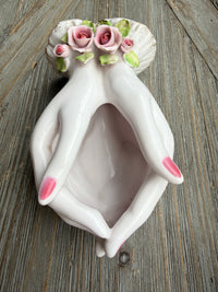Lefton hand vase, vintage hand vase, porcelain hand planter, vintage Japan porcelain, pink rose vase, floral vase, grandmillennial decor, cottagecore decor, vanity decor, jewelry catchall, vintage planter, decorative vase, feminine home decor, collectible Lefton, vintage home accessories, bookshelf styling, powder room decor, one of a kind vintage, floral decor, porcelain vase
PRODUCT