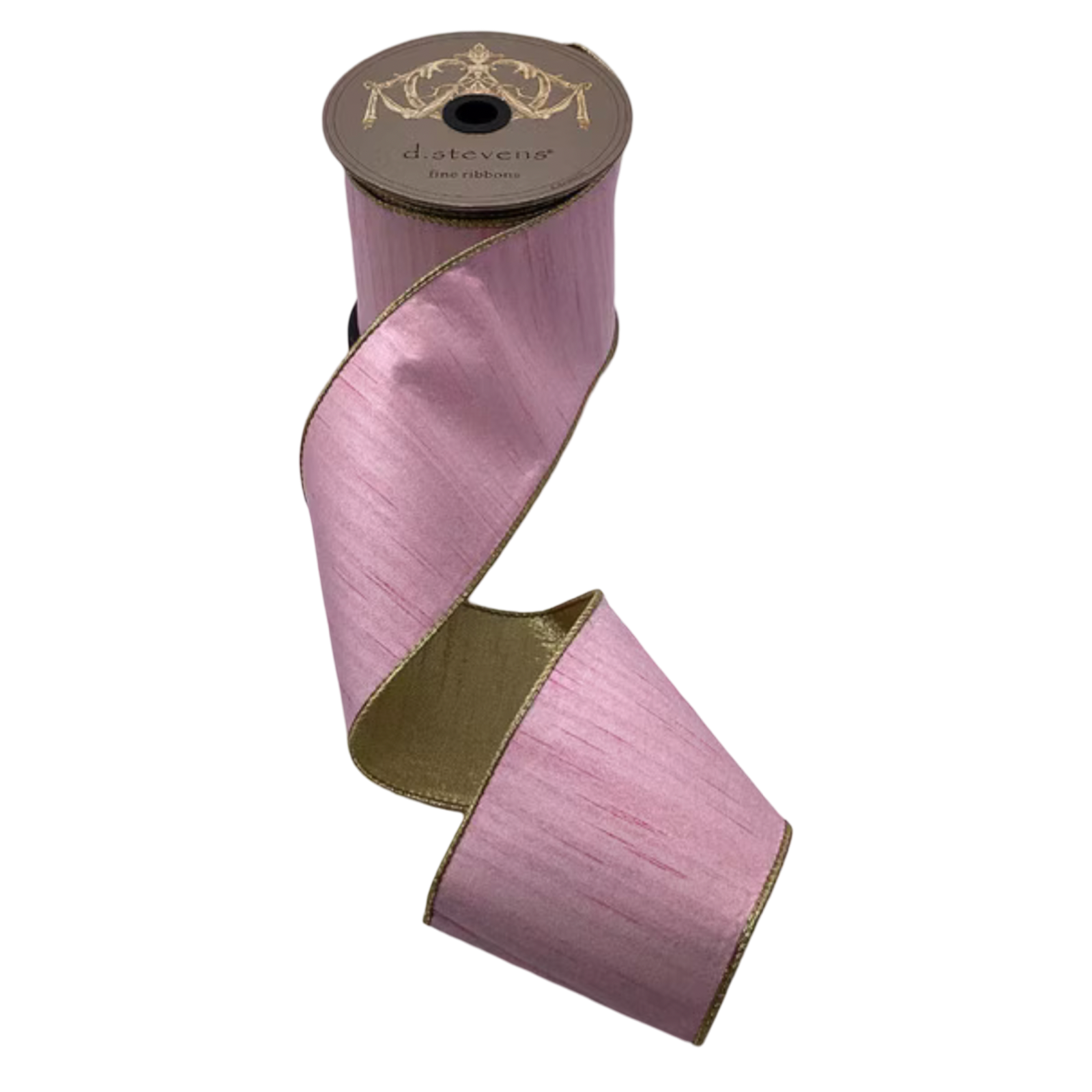 Light pink slub dupioni ribbon with metallic gold backing and gold edging, 4 inches wide, shown in loose folds for Christmas trees, bows, wreaths, garlands, and gift wrapping.