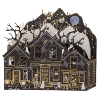 Lighted haunted paper house by Maren Baxter for My Mind's Eye featuring black, ivory, and gold foil details with an illuminated LED interior.