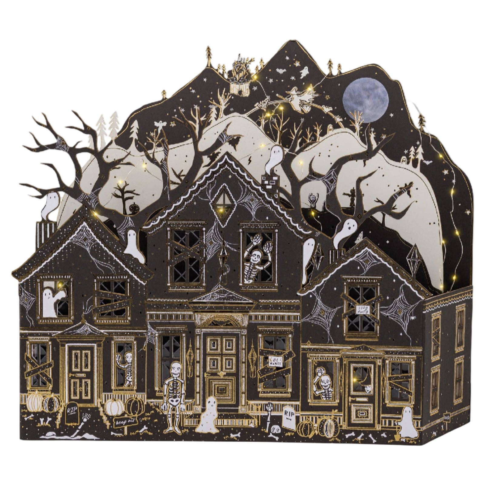 Lighted haunted paper house by Maren Baxter for My Mind's Eye featuring black, ivory, and gold foil details with an illuminated LED interior.