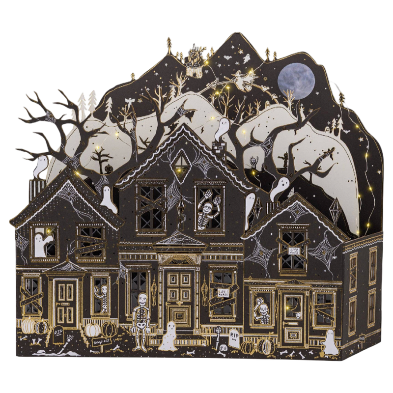 Lighted haunted paper house by Maren Baxter for My Mind's Eye featuring black, ivory, and gold foil details with an illuminated LED interior.