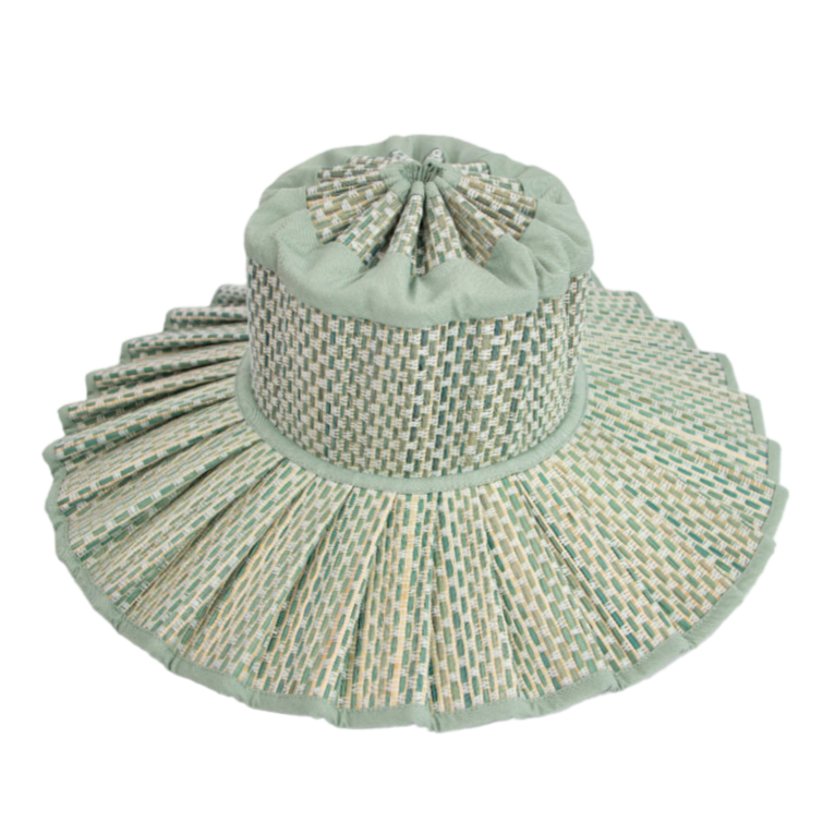Lorna Murray Fiji hat, foldable sun hat, UPF 50+ hat, woven travel sun hat, Fiji sun hat, packable beach hat, grass fibre hat, summer hat with seafoam trim, stylish sun protection, Lorna Murray travel hat

