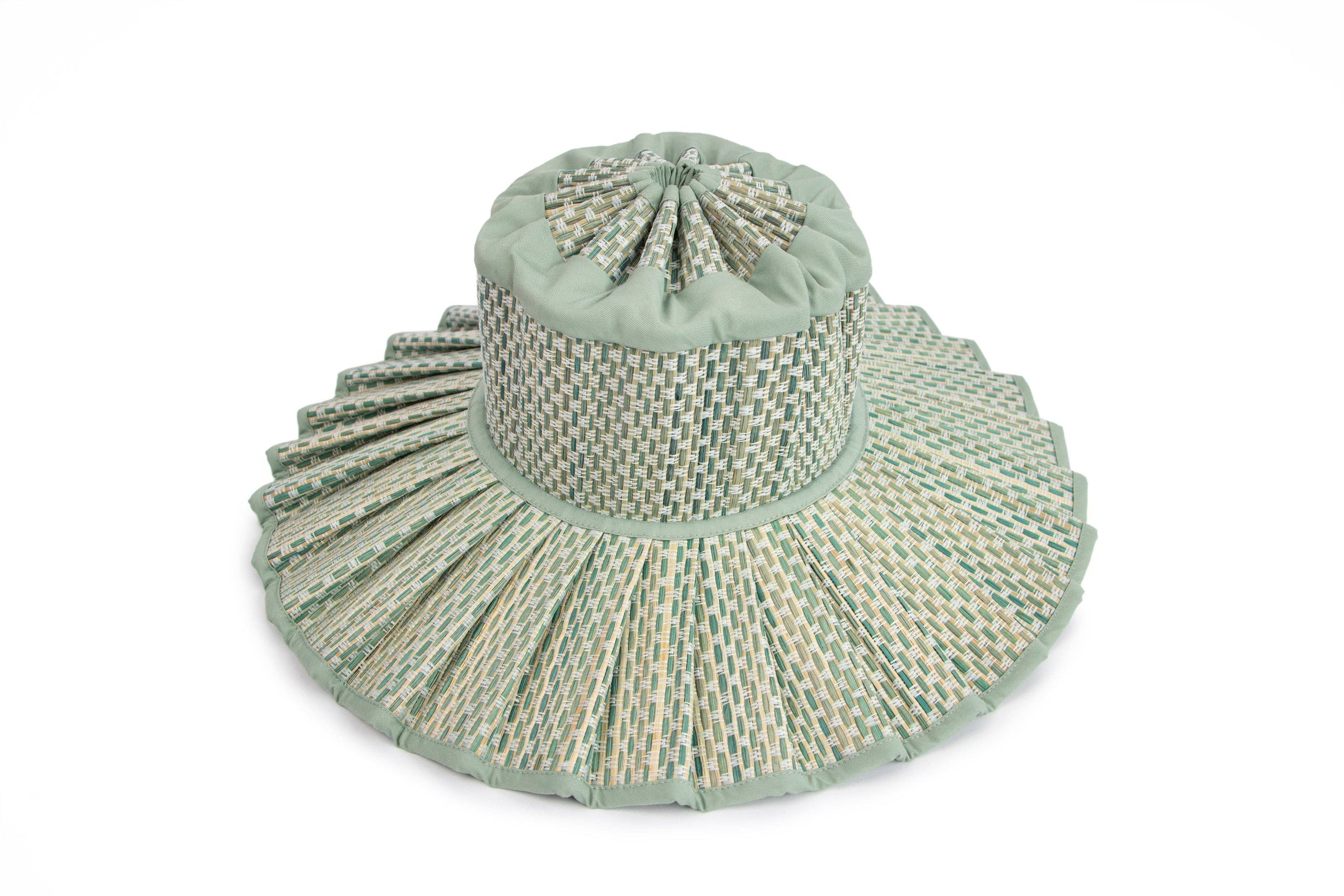 Lorna Murray Fiji hat, foldable sun hat, UPF 50+ hat, woven travel sun hat, Fiji sun hat, packable beach hat, grass fibre hat, summer hat with seafoam trim, stylish sun protection, Lorna Murray travel hat

