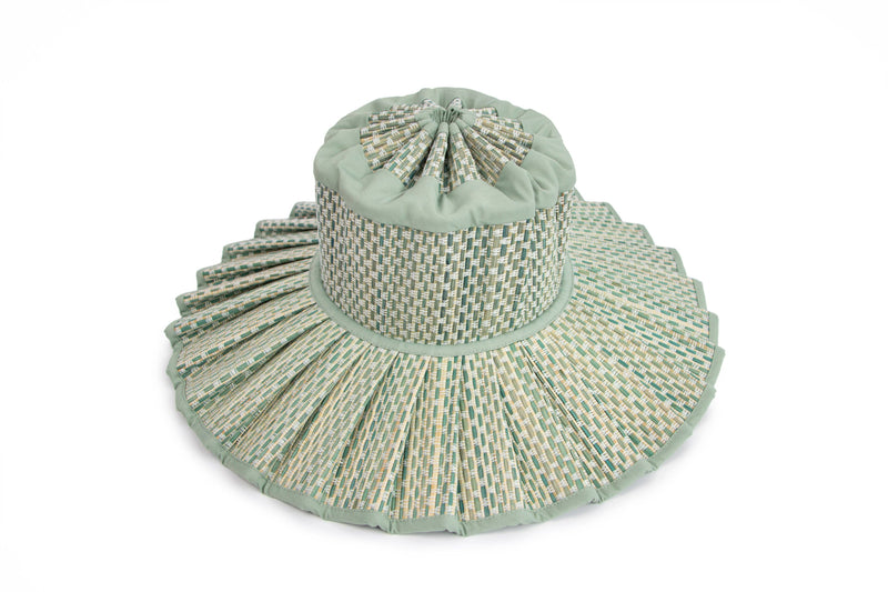 Lorna Murray Fiji hat, foldable sun hat, UPF 50+ hat, woven travel sun hat, Fiji sun hat, packable beach hat, grass fibre hat, summer hat with seafoam trim, stylish sun protection, Lorna Murray travel hat

