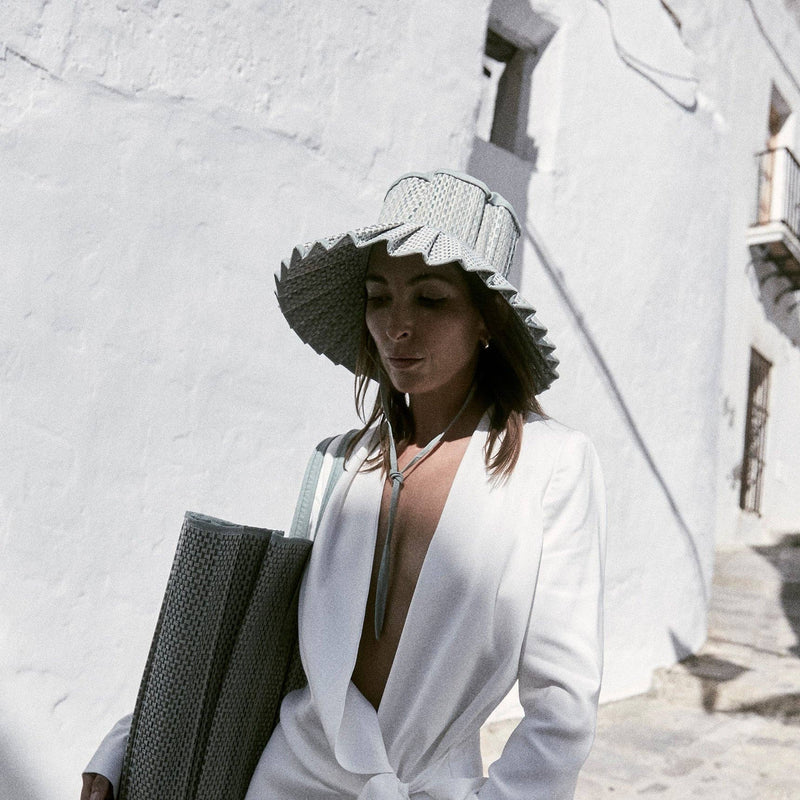Lorna Murray Fiji hat, foldable sun hat, UPF 50+ hat, woven travel sun hat, Fiji sun hat, packable beach hat, grass fibre hat, summer hat with seafoam trim, stylish sun protection, Lorna Murray travel hat

