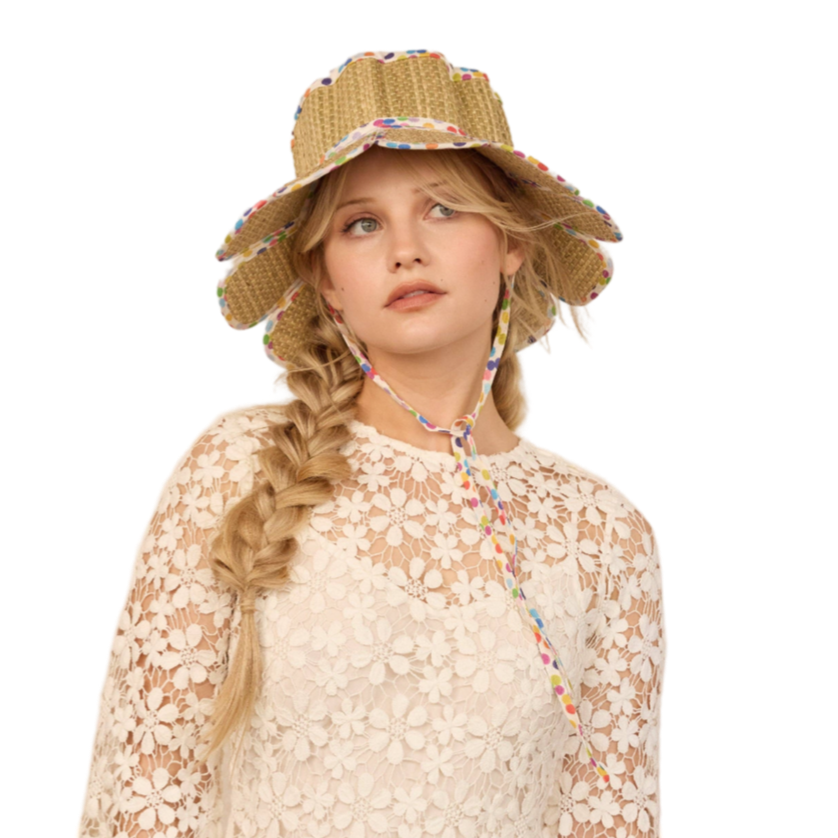 Lorna Murray Manhattan hat, rainbow polka dot hat, summer sun hat, foldable sun hat, UPF 50+ woven hat, pleated brim hat, colorful travel hat, Polka Rainbow hat, chic city hat, medium brim sun hat