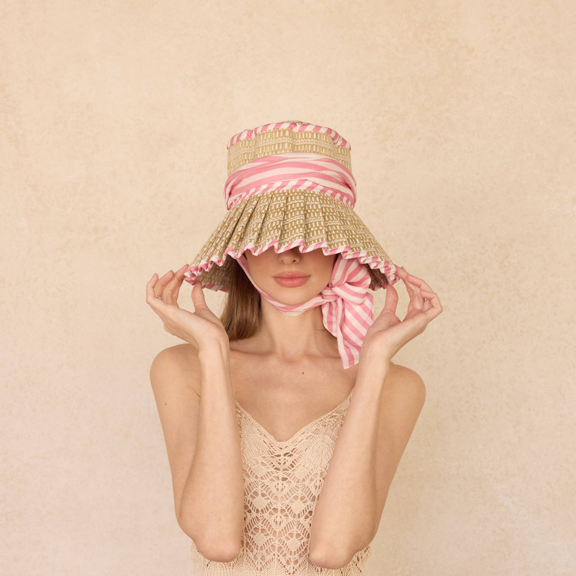 Lorna Murray Pleated Hat Pink Bow Summer Sun Hat Kathy Hilton