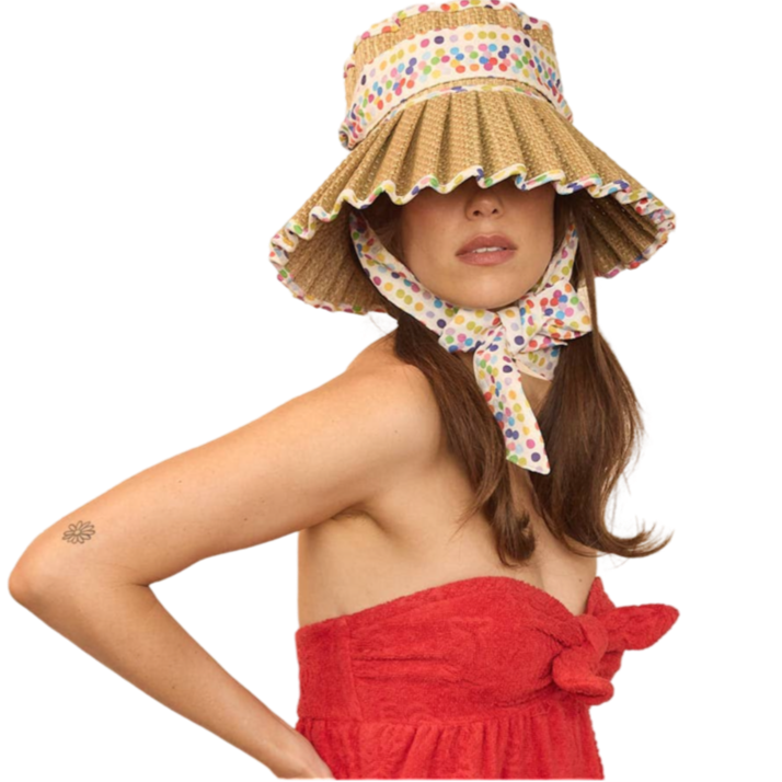 Lorna Murray hat, rainbow sun hat, polka dot hat, luxe seven seas hat, foldable sun hat, pleated brim hat, vacation hat, beach hat, stylish sun protection, summer hat for women