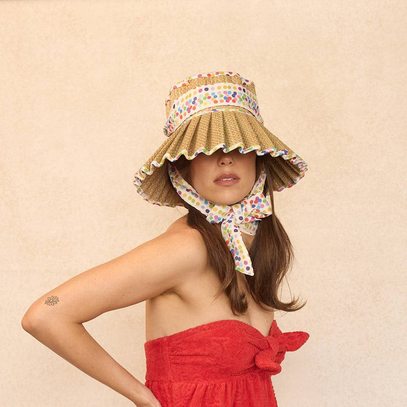 Lorna Murray hat, rainbow sun hat, polka dot hat, luxe seven seas hat, foldable sun hat, pleated brim hat, vacation hat, beach hat, stylish sun protection, summer hat for women