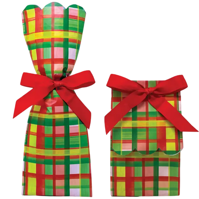 Lucy Grymes gift bag, plaid holiday wine bag, holiday plaid gift kit, hostess gift packaging, Christmas wrapping set, boutique gift wrap, plaid gift bag, designer holiday packaging, wine gift bag kit, easy holiday gifting