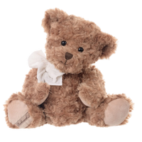 Brown teddy bear with a white bow tie on a white background