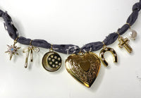 Mandriana bandana necklace, charm necklace, heart and horseshoe necklace, handmade boho jewelry, vintage gold charms, talisman necklace, lucky girl necklace, bohemian accessory, adjustable tie necklace, statement bandana choker