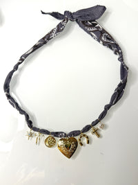 Mandriana bandana necklace, charm necklace, heart and horseshoe necklace, handmade boho jewelry, vintage gold charms, talisman necklace, lucky girl necklace, bohemian accessory, adjustable tie necklace, statement bandana choker