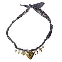 Mandriana bandana necklace, charm necklace, heart and horseshoe necklace, handmade boho jewelry, vintage gold charms, talisman necklace, lucky girl necklace, bohemian accessory, adjustable tie necklace, statement bandana choker