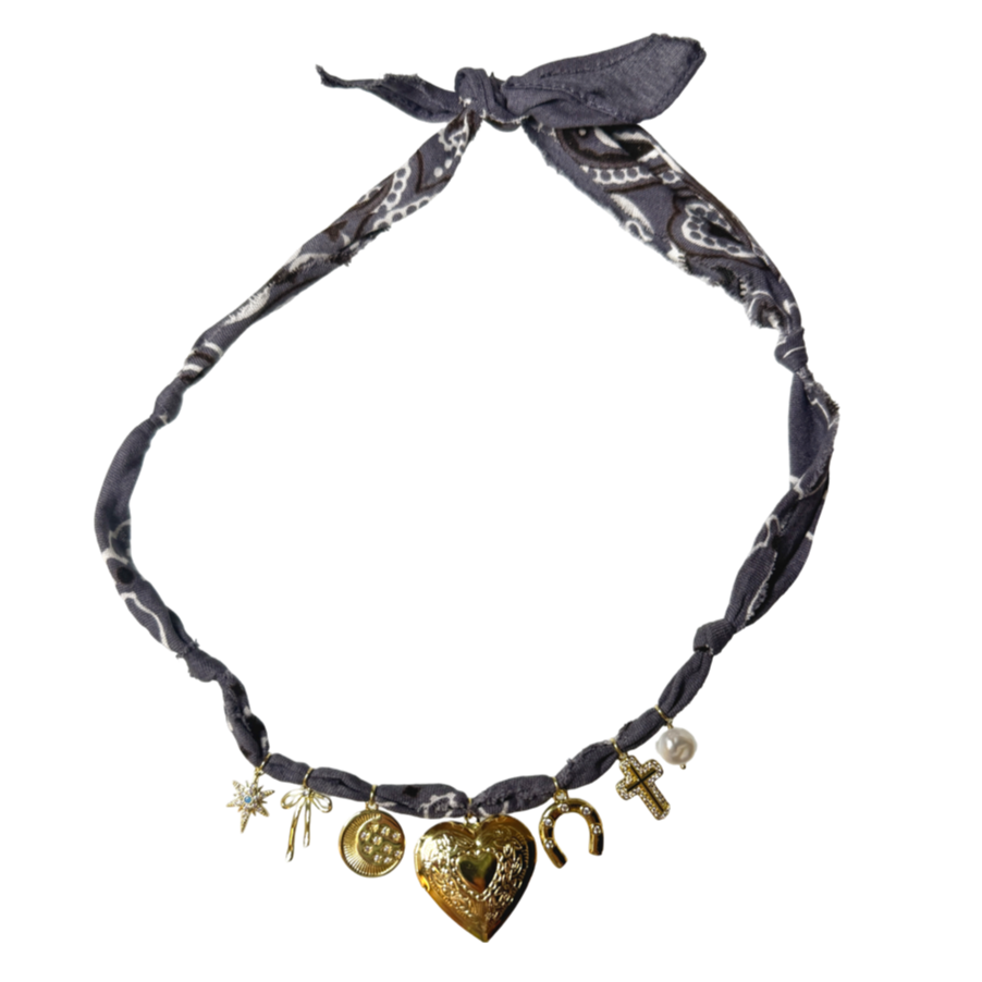 Mandriana bandana necklace, charm necklace, heart and horseshoe necklace, handmade boho jewelry, vintage gold charms, talisman necklace, lucky girl necklace, bohemian accessory, adjustable tie necklace, statement bandana choker
