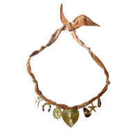 Mandriana bandana necklace, handmade charm necklace, desert chic jewelry, golden cross and heart necklace, boho talisman necklace, cowrie shell necklace, rust bandana jewelry, starfish and horseshoe necklace, symbolic charm choker, one-of-a-kind boho accessories