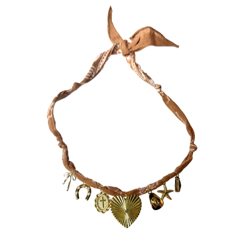 Mandriana bandana necklace, handmade charm necklace, desert chic jewelry, golden cross and heart necklace, boho talisman necklace, cowrie shell necklace, rust bandana jewelry, starfish and horseshoe necklace, symbolic charm choker, one-of-a-kind boho accessories