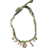 Mandriana bandana necklace, seaside charm necklace, fish and shell necklace, handmade coastal jewelry, beachy boho necklace, lucky talisman necklace, olive green bandana necklace, spiral pendant choker, gold charm necklace, boho beach accessories