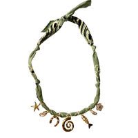 Mandriana bandana necklace, seaside charm necklace, fish and shell necklace, handmade coastal jewelry, beachy boho necklace, lucky talisman necklace, olive green bandana necklace, spiral pendant choker, gold charm necklace, boho beach accessories