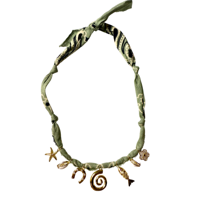 Mandriana bandana necklace, seaside charm necklace, fish and shell necklace, handmade coastal jewelry, beachy boho necklace, lucky talisman necklace, olive green bandana necklace, spiral pendant choker, gold charm necklace, boho beach accessories