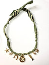 Mandriana bandana necklace, seaside charm necklace, fish and shell necklace, handmade coastal jewelry, beachy boho necklace, lucky talisman necklace, olive green bandana necklace, spiral pendant choker, gold charm necklace, boho beach accessories