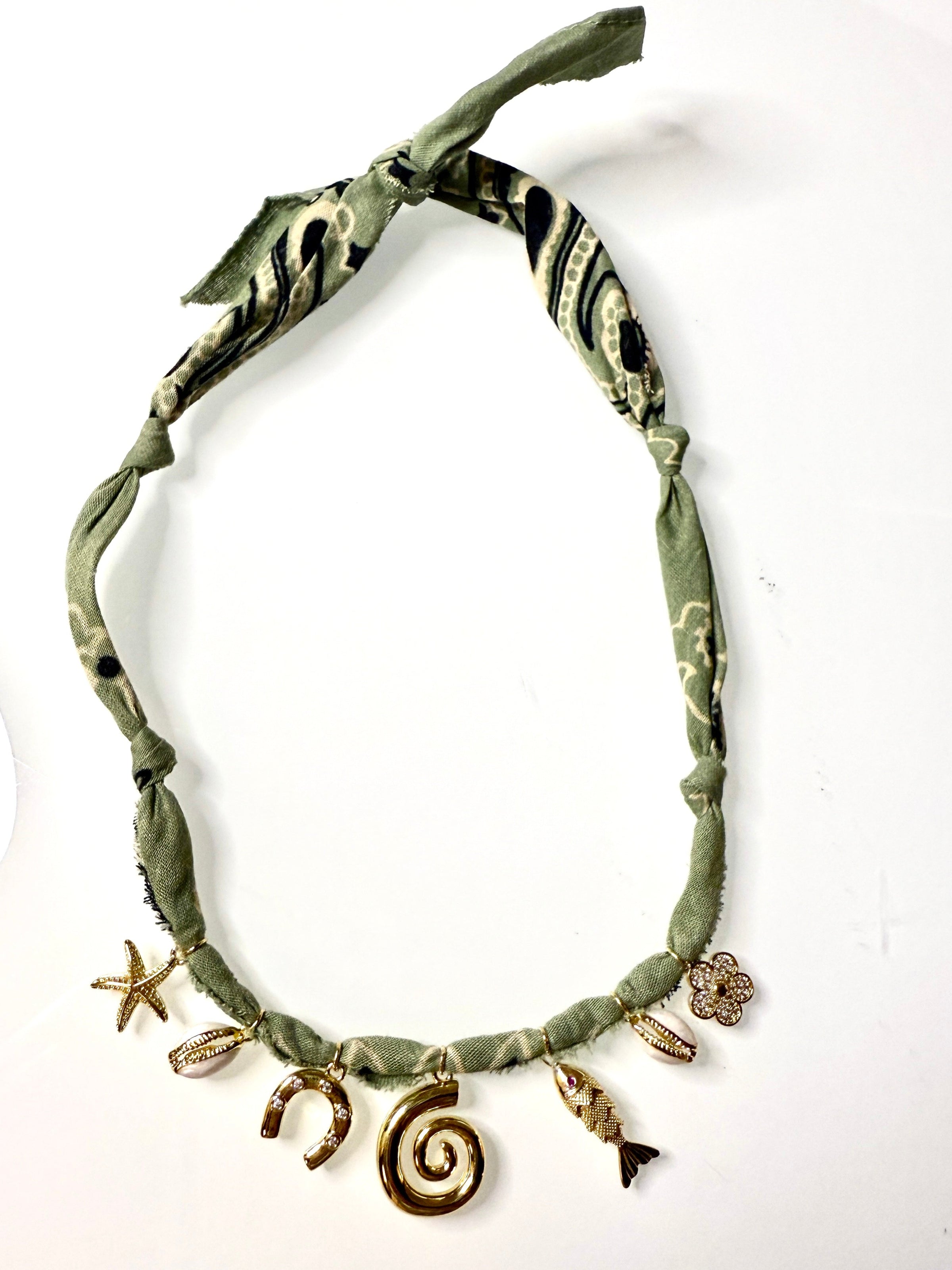 Mandriana bandana necklace, seaside charm necklace, fish and shell necklace, handmade coastal jewelry, beachy boho necklace, lucky talisman necklace, olive green bandana necklace, spiral pendant choker, gold charm necklace, boho beach accessories