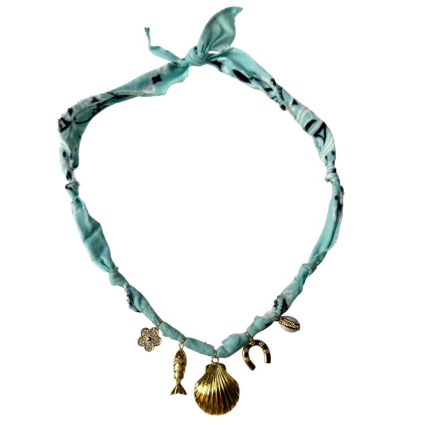 Mandriana, scarf necklace, shell charm necklace, ocean inspired jewelry, coastal style accessory, seafoam green bandana necklace, fish charm, horseshoe necklace, beachy boho jewelry, handmade charm necklace, unique summer necklace, mermaidcore accessory, one of a kind jewelry, artisanal necklace