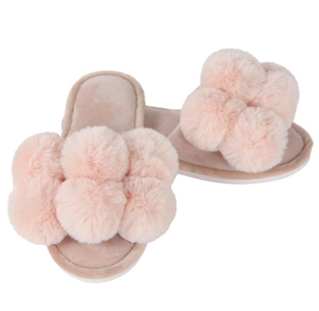 MeMoi slippers, plush pompom slippers, open toe house shoes, blush pink slippers, cozy glam slippers, fuzzy slippers for women, stylish loungewear slippers, whimsical pompom shoes, luxe plush slippers, giftable women’s slippers