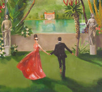 Couple holding hands in a garden with statues and a lake in the background