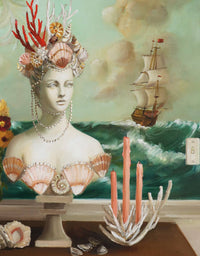 Artistic depiction of a woman with seashell headdress and ship in the background