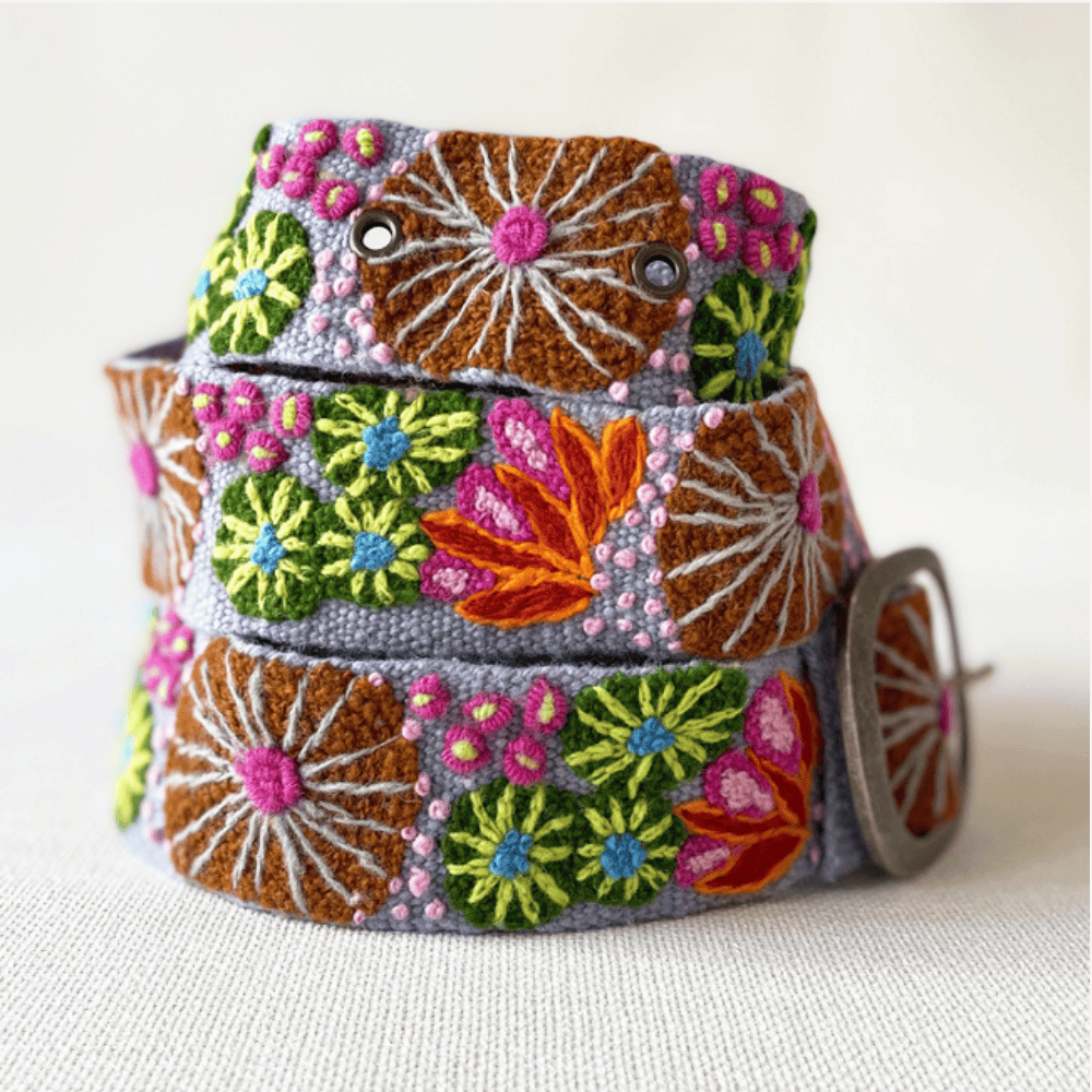 Jenny Krauss Evening Shade wool belt with colorful floral embroidery and metal buckle