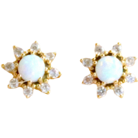 Pair of gold earrings with opal stones on a white background