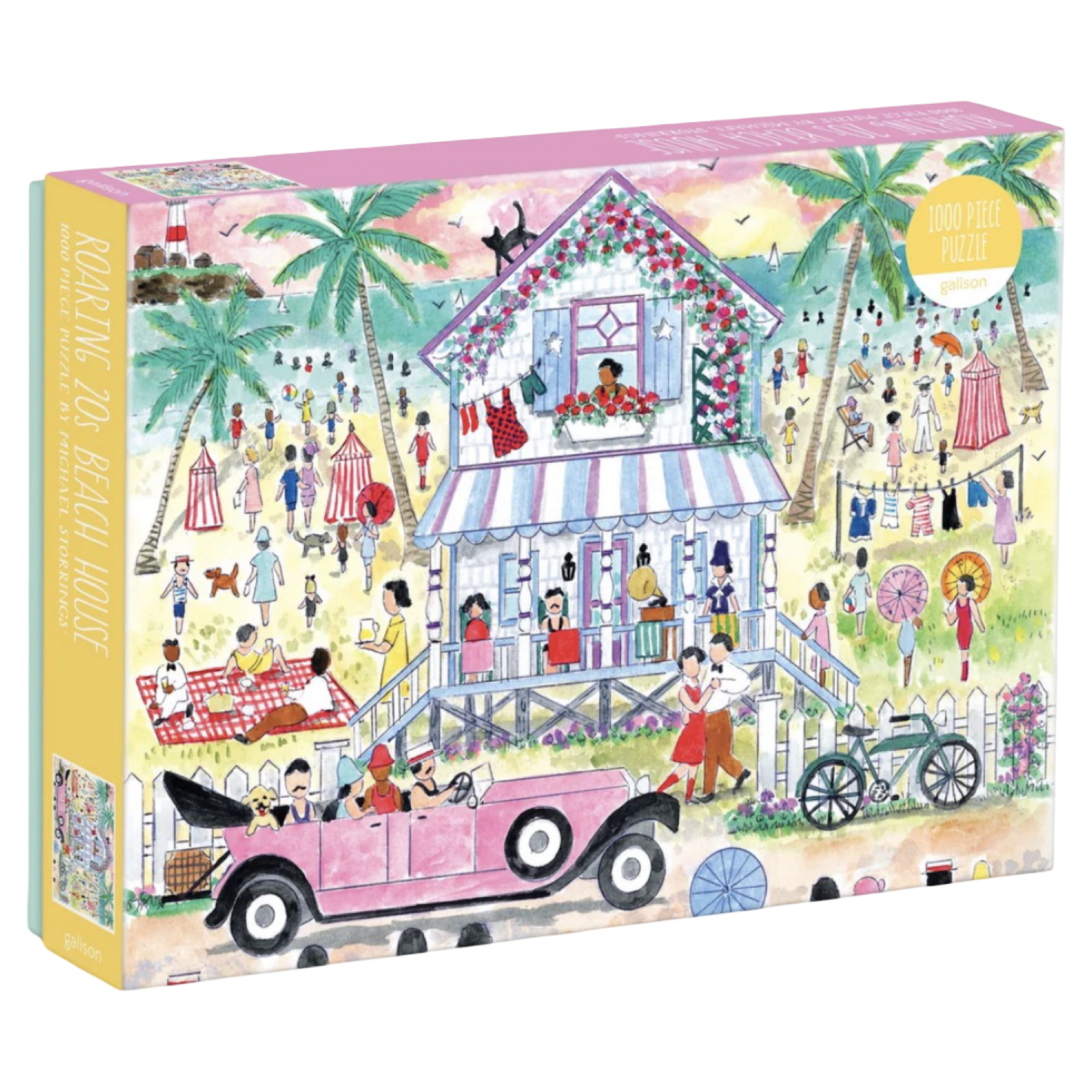 Jigsaw puzzle box with a colorful illustration of a beach house and people, featuring a pink car and palm trees.