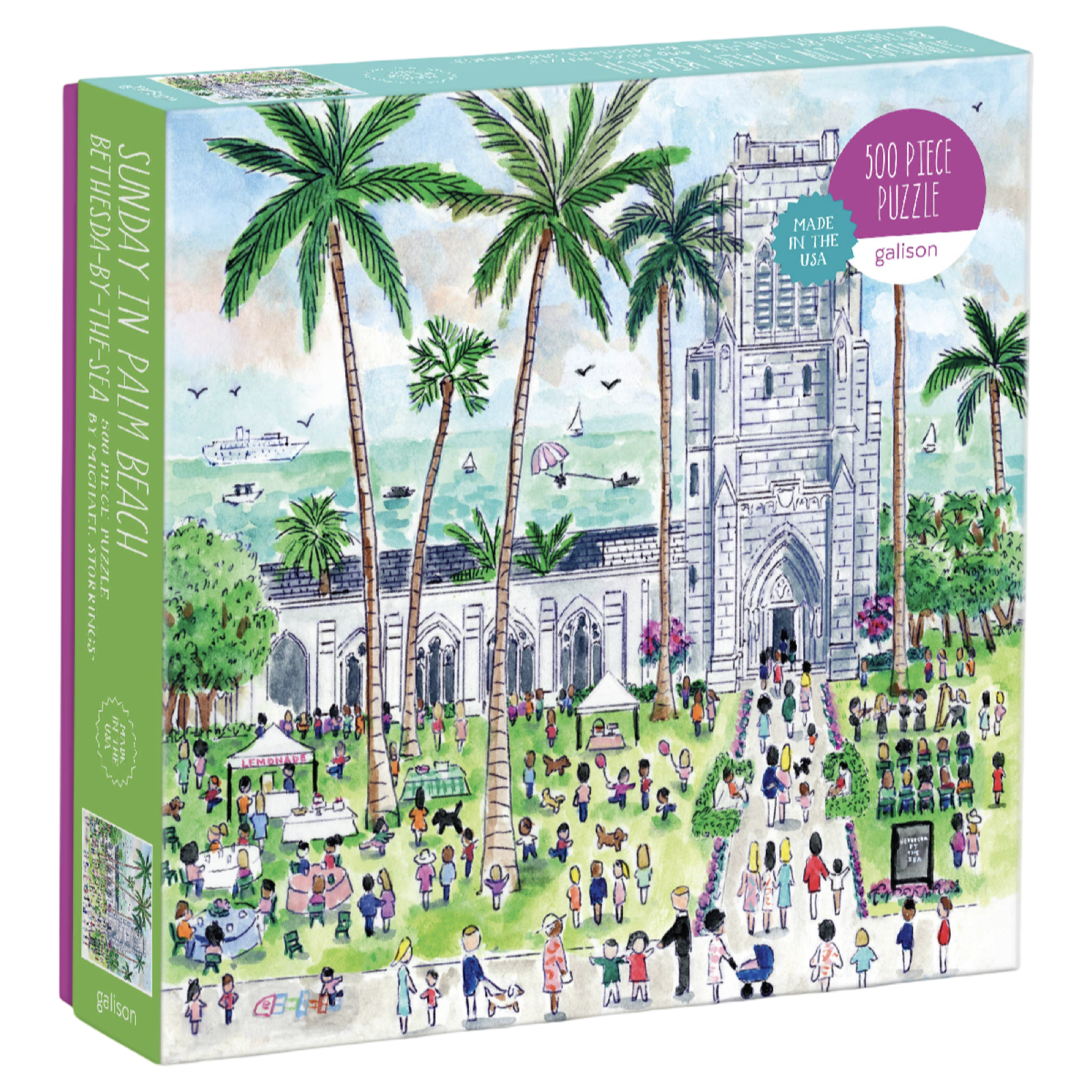 Puzzle box with a scenic design of a church and palm trees, featuring the brand 'galison'.