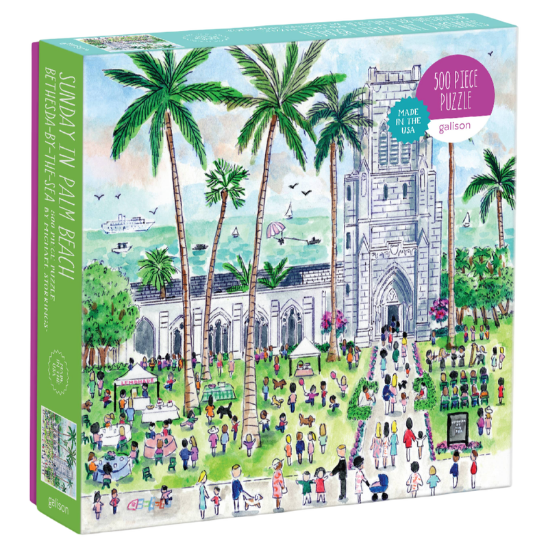 Puzzle box with a scenic design of a church and palm trees, featuring the brand 'galison'.