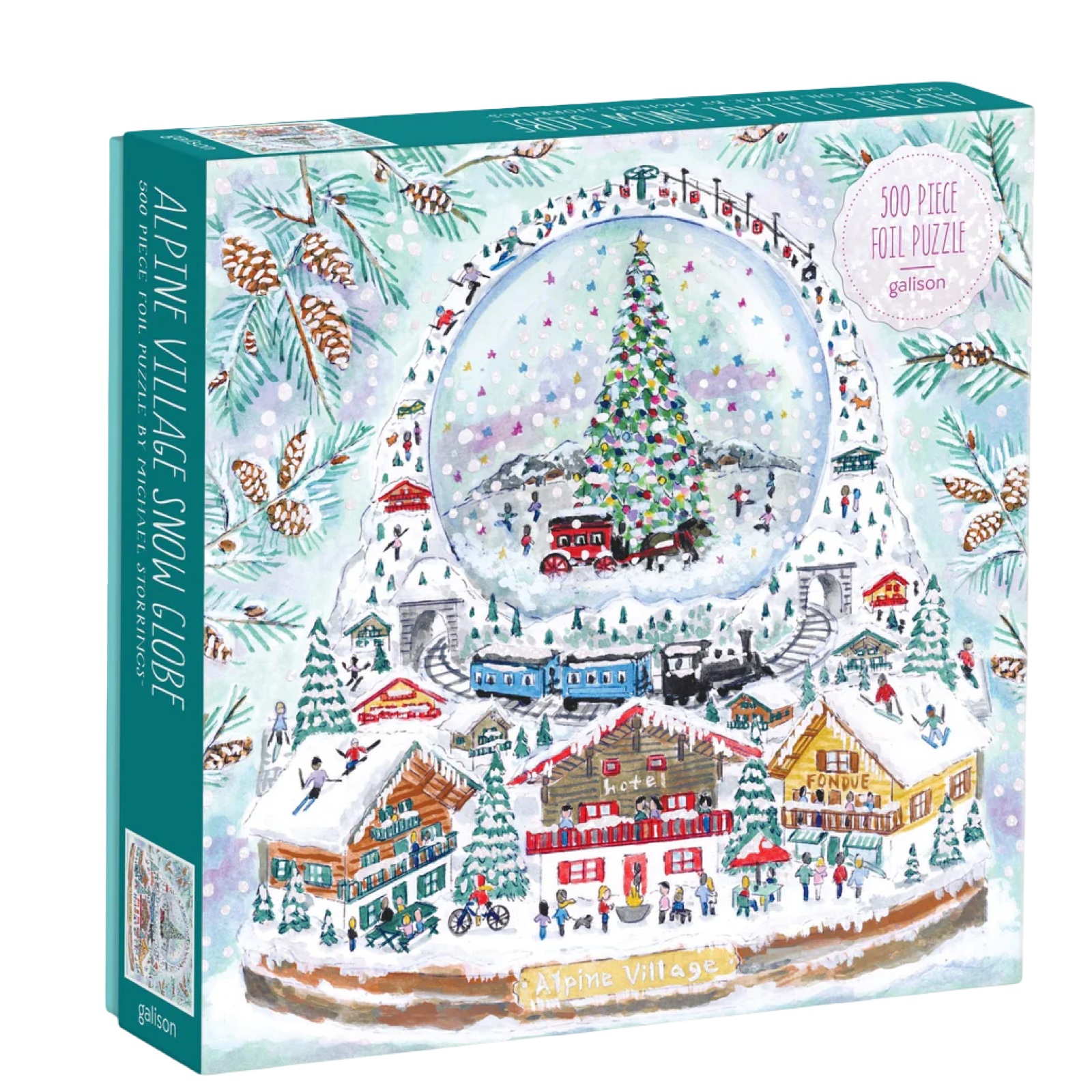 Gallison Alpine Village Snow Globe puzzle box with a festive design on a white background