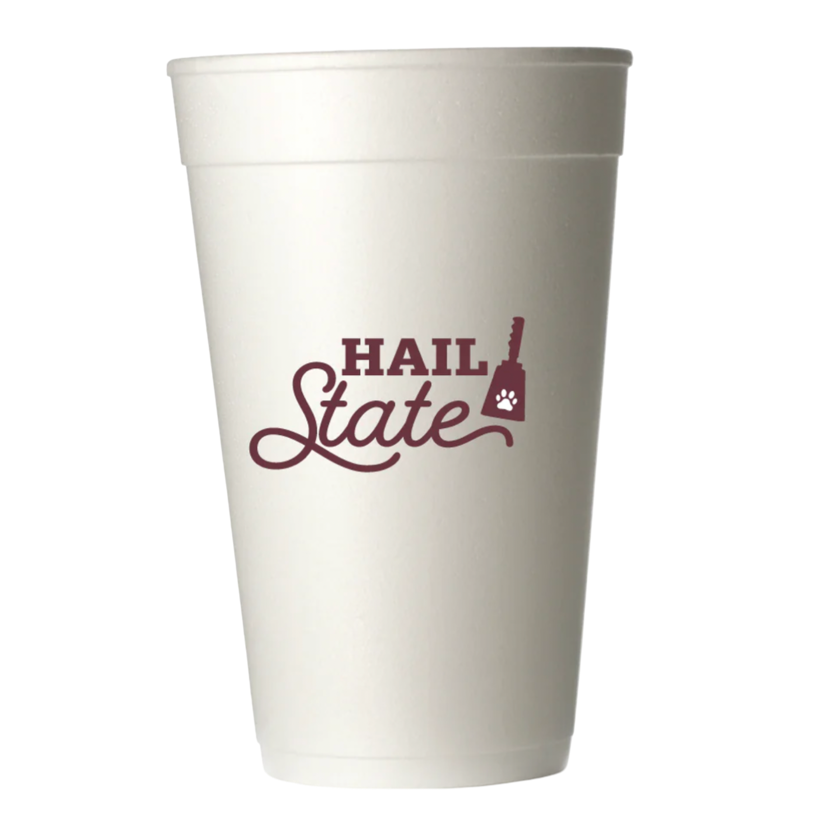 White foam cup with 'Hail State' text and paw print design on a white background