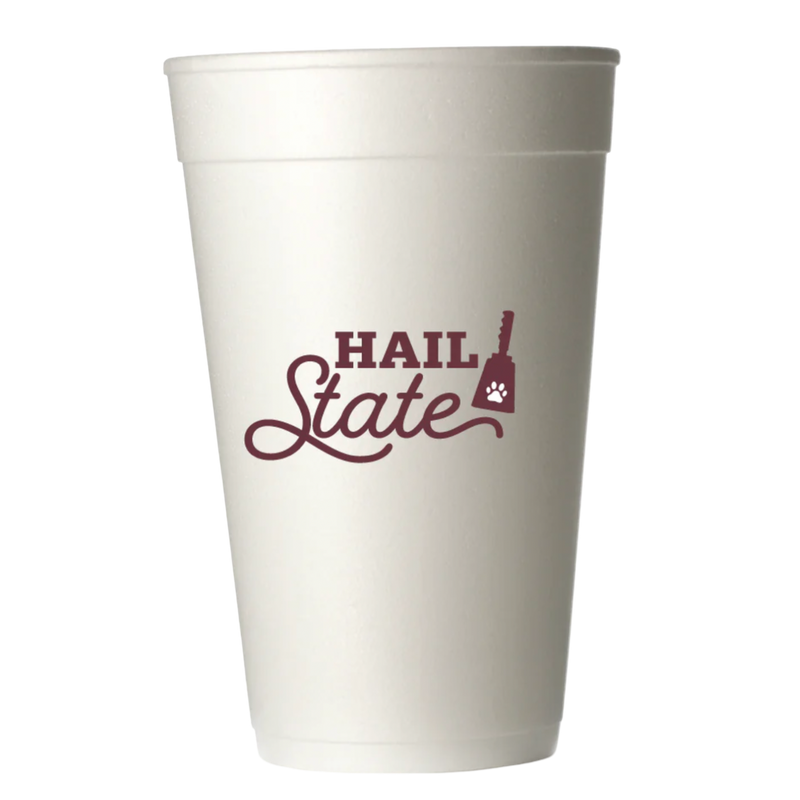 White foam cup with 'Hail State' text and paw print design on a white background