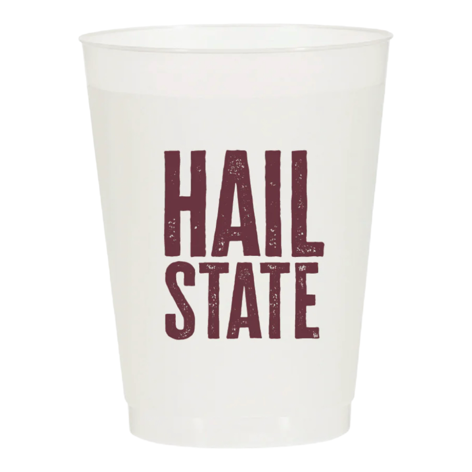 Clear plastic cup with 'HAIL STATE' text in maroon on a white background