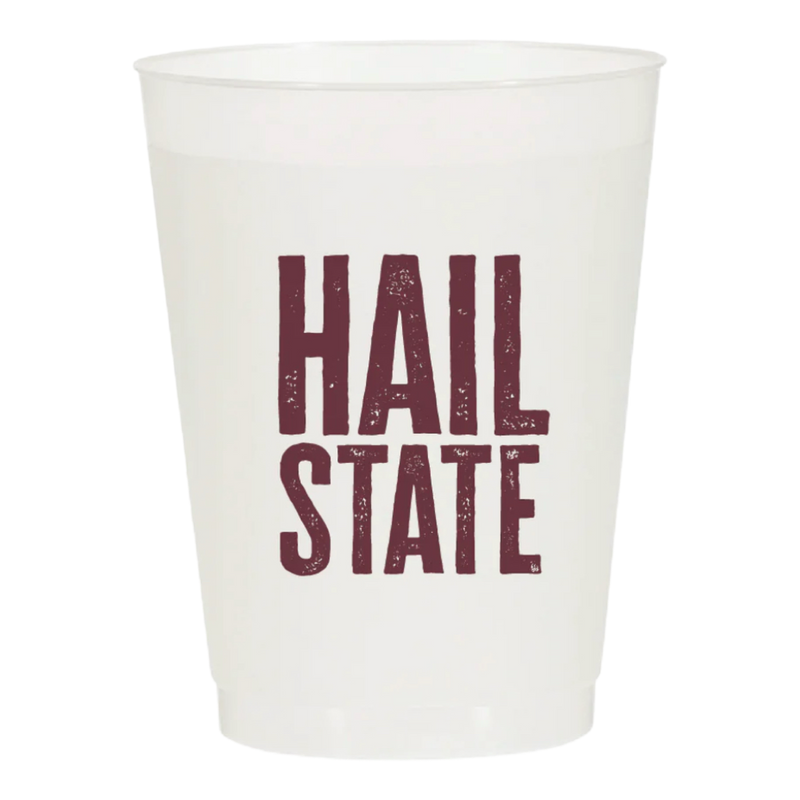 Clear plastic cup with 'HAIL STATE' text in maroon on a white background