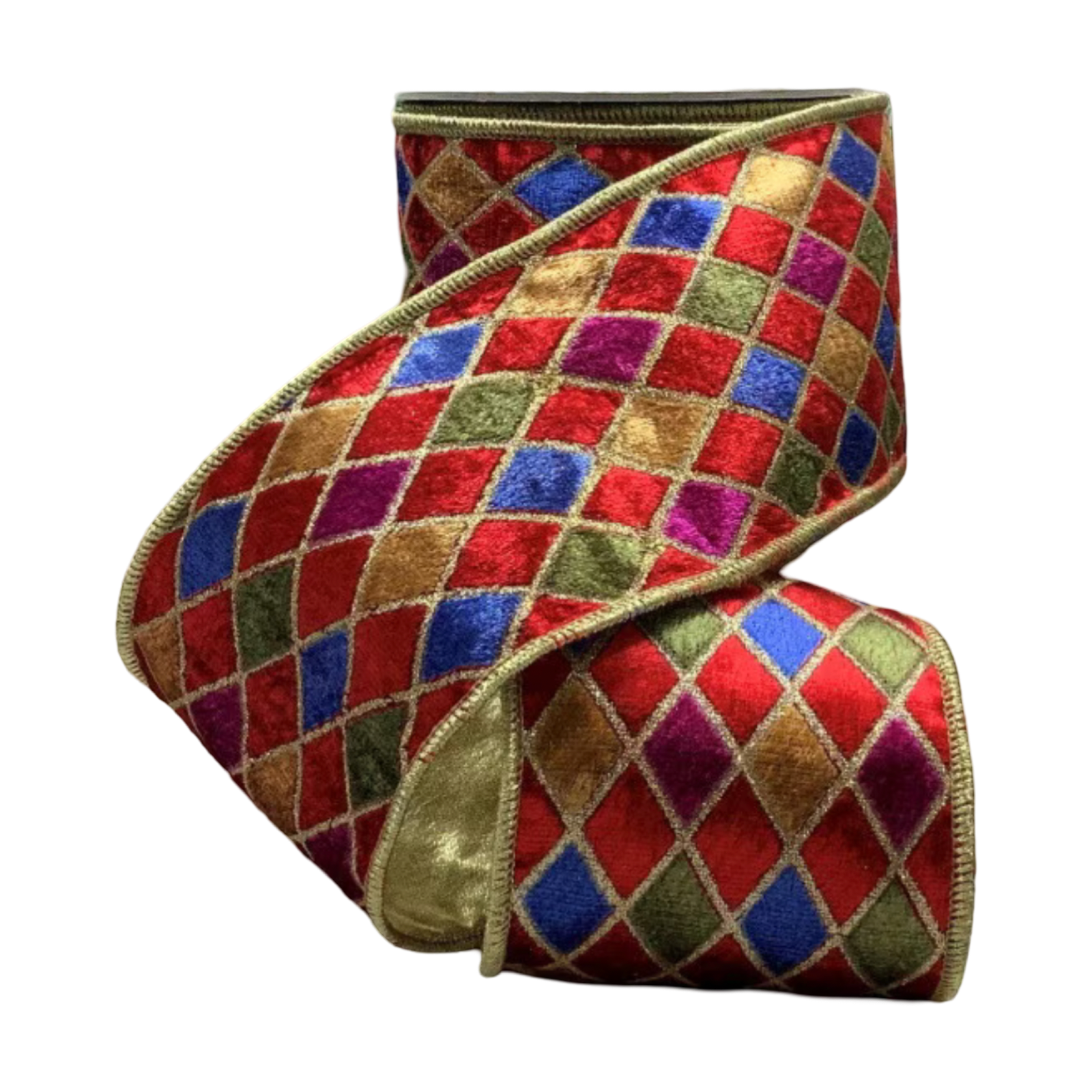 Multicolor jewel-tone velvet harlequin ribbon with red, blue, green, gold, and berry diamond patterns and metallic edging, shown in a 4-inch wide roll.